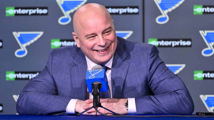 Apr 5, 2025; St. Louis, Missouri, USA;  St. Louis Blues head coach Jim Montgomery talks with the media after the Blues won their franchise record 12th straight win with a victory over the Colorado Avalanche at Enterprise Center. Mandatory Credit: Jeff Curry-Imagn Images