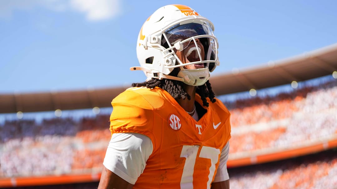 Tennessee wide receiver Chris Brazzell II (17) yells in celebration after scoring a touchdown during a NCAA football game between Tennessee and Georgia at Neyland Stadium in Knoxville, Tennessee, on September 13, 2025.