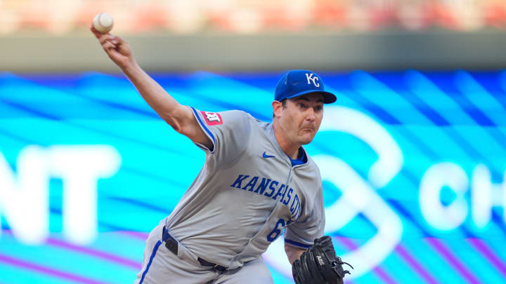 Aug 13, 2024; Minneapolis, Minnesota, USA; Kansas City Royals pitcher Seth Lugo (67) pitches against the Minnesota Twins in the third inning at Target Field.