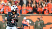 Nov 1, 2025; Corvallis, Oregon, USA; Oregon State Beavers quarterback Gabarri Johnson (5) sets up to pass during the first quarter against the Washington State Cougars at Reser Stadium. Mandatory Credit: Craig Strobeck-Imagn Images