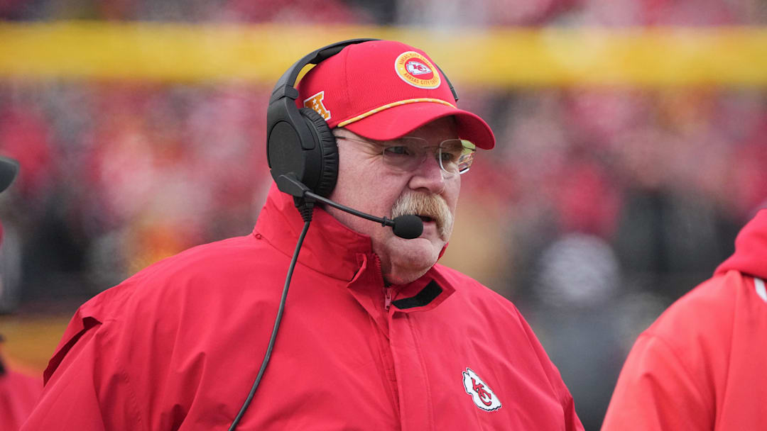 Jan 18, 2025; Kansas City, Missouri, USA; Kansas City Chiefs head coach Andy Reid on the sidelines against the Houston Texans during the first half of a 2025 AFC divisional round game at GEHA Field at Arrowhead Stadium. Mandatory Credit: Denny Medley-Imagn Images