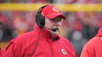 Jan 18, 2025; Kansas City, Missouri, USA; Kansas City Chiefs head coach Andy Reid on the sidelines against the Houston Texans during the first half of a 2025 AFC divisional round game at GEHA Field at Arrowhead Stadium. Mandatory Credit: Denny Medley-Imagn Images