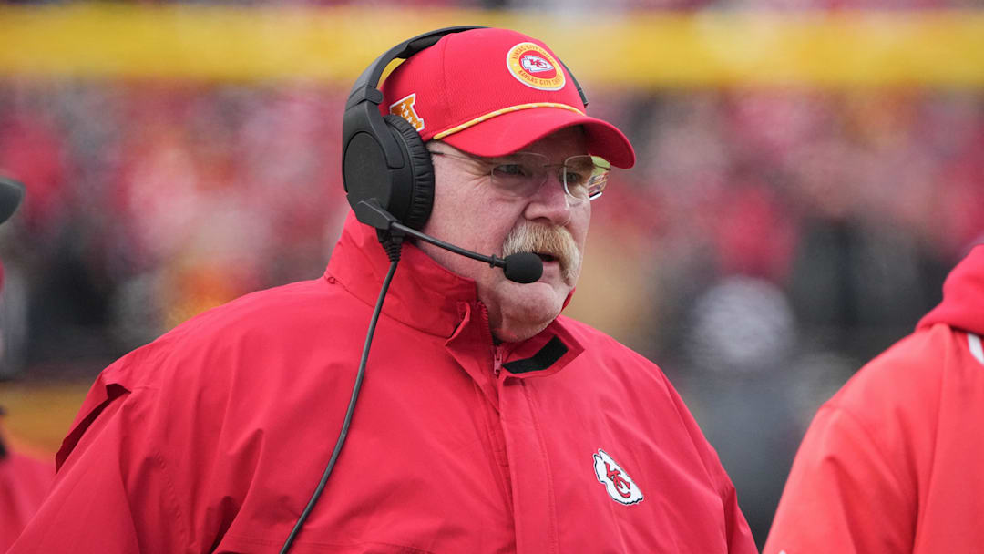 Jan 18, 2025; Kansas City, Missouri, USA; Kansas City Chiefs head coach Andy Reid on the sidelines against the Houston Texans during the first half of a 2025 AFC divisional round game at GEHA Field at Arrowhead Stadium.