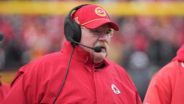 Jan 18, 2025; Kansas City, Missouri, USA; Kansas City Chiefs head coach Andy Reid on the sidelines against the Houston Texans during the first half of a 2025 AFC divisional round game at GEHA Field at Arrowhead Stadium. Mandatory Credit: Denny Medley-Imagn Images
