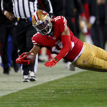 Dec 30, 2024; Santa Clara, California, USA; San Francisco 49ers wide receiver Jauan Jennings (15) during the game against the Detroit Lions at Levi's Stadium. Mandatory Credit: Sergio Estrada-Imagn Images