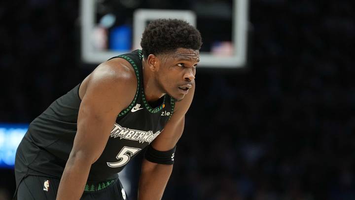 May 15, 2026; Minneapolis, Minnesota, USA; Minnesota Timberwolves guard Anthony Edwards (5) looks on against the San Antonio Spurs in the first half during game six of the second round of the 2026 NBA Playoffs at Target Center. Mandatory Credit: Jesse Johnson-Imagn Images
