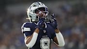 Oct 13, 2024; Arlington, Texas, USA;  Dallas Cowboys wide receiver KaVontae Turpin (9) reacts during the second half against the Detroit Lions at AT&T Stadium. Mandatory Credit: Kevin Jairaj-Imagn Images