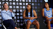 North Carolina head coach Courtney Banghart with players Reniya Kelly and Indya Nivar at the ACC Tipoff on Monday, Oct. 6, 2025.