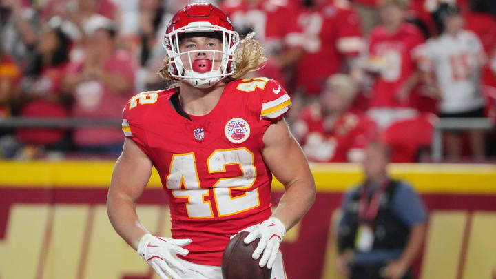 Aug 22, 2024; Kansas City, Missouri, USA; Kansas City Chiefs running back Carson Steele (42) celebrates after a play against the Chicago Bears during the game at GEHA Field at Arrowhead Stadium. Mandatory Credit: Denny Medley-USA TODAY Sports