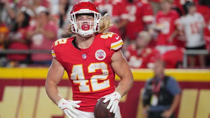 Aug 22, 2024; Kansas City, Missouri, USA; Kansas City Chiefs running back Carson Steele (42) celebrates after a play against the Chicago Bears during the game at GEHA Field at Arrowhead Stadium. Mandatory Credit: Denny Medley-Imagn Images