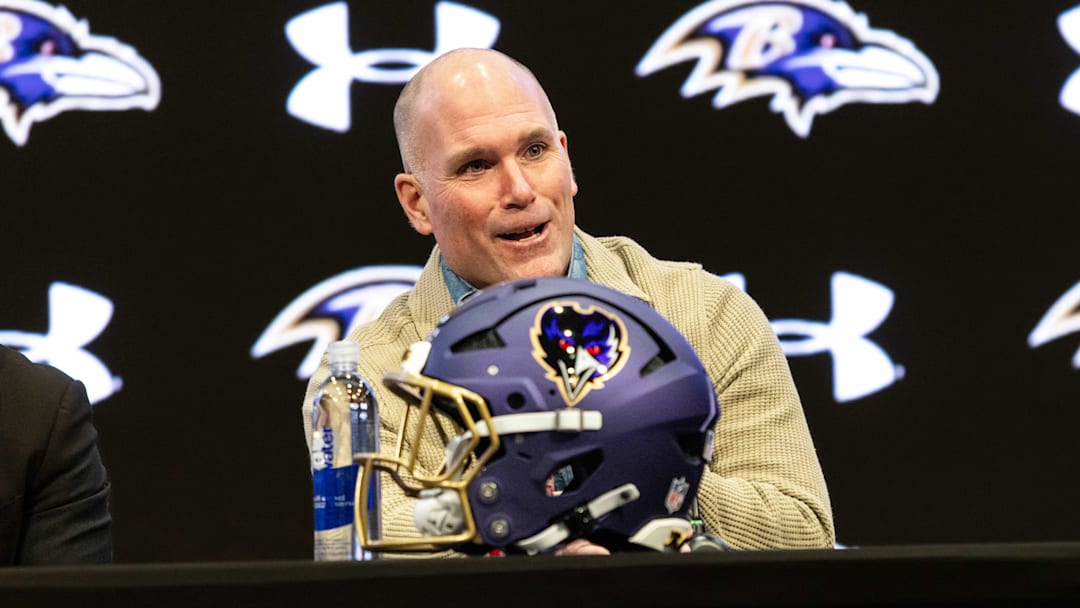 Jan 29, 2026; Owings Mills, MD, USA; Eric DeCosta at press conference discussing future of Baltimore Ravens at Under Armour Performance Center. Mandatory Credit: Lexi Thompson-Imagn Images