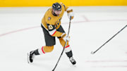 Apr 22, 2025; Las Vegas, Nevada, USA; Vegas Golden Knights center Nicolas Roy (10) shoots against the Minnesota Wild during the third period of game two of the first round of the 2025 Stanley Cup Playoffs at T-Mobile Arena. Mandatory Credit: Stephen R. Sylvanie-Imagn Images