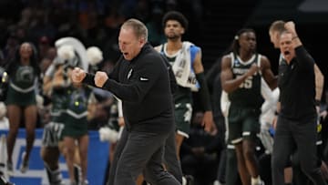 March 21, 2024, Charlotte, NC, USA; Michigan State Spartans head coach Tom Izzo reacts against the Mississippi State Bulldogs in the first round of the 2024 NCAA Tournament at the Spectrum Center. Mandatory Credit: Bob Donnan-Imagn Images