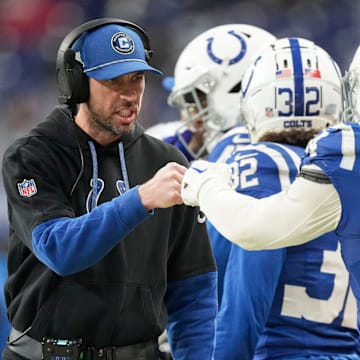 Indianapolis Colts Head Coach Shane Steichen fist bumps Indianapolis Colts linebacker Zaire Franklin (44) on Sunday, Jan. 5, 2025, during a game against the Jacksonville Jaguars at Lucas Oil Stadium in Indianapolis.