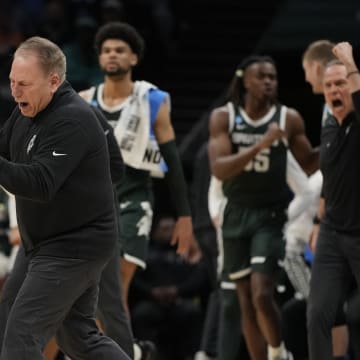 March 21, 2024, Charlotte, NC, USA; Michigan State Spartans head coach Tom Izzo reacts against the Mississippi State Bulldogs in the first round of the 2024 NCAA Tournament at the Spectrum Center. Mandatory Credit: Bob Donnan-USA TODAY Sports