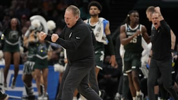 March 21, 2024, Charlotte, NC, USA; Michigan State Spartans head coach Tom Izzo reacts against the Mississippi State Bulldogs in the first round of the 2024 NCAA Tournament at the Spectrum Center. Mandatory Credit: Bob Donnan-Imagn Images
