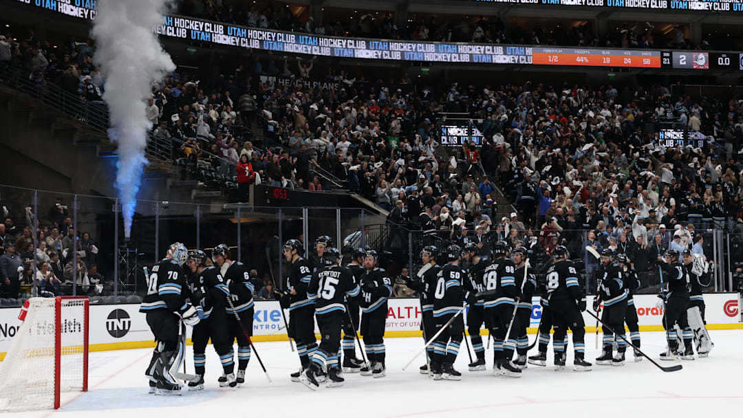Mar 12, 2025; Salt Lake City, Utah, USA; The Utah Hockey Club celebrates a win over the Anaheim Ducks at Delta Center. Mandatory Credit: Rob Gray-Imagn Images