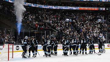 Mar 12, 2025; Salt Lake City, Utah, USA; The Utah Hockey Club celebrates a win over the Anaheim Ducks at Delta Center. Mandatory Credit: Rob Gray-Imagn Images