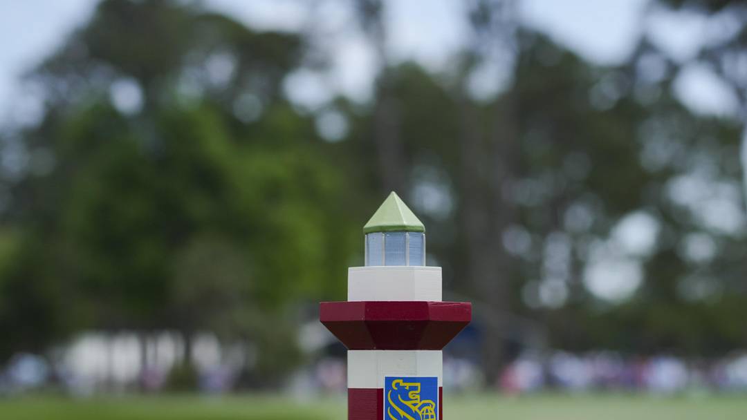 A tee marker is seen with the tournament logo on the first tee box at the RBC Heritage golf tournament at Harbour Town Golf Links