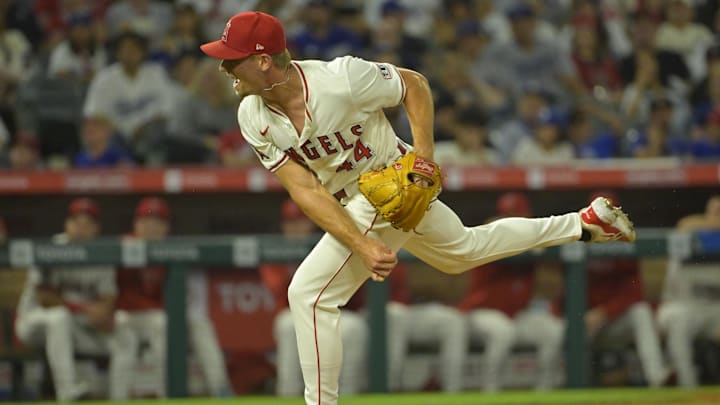 Los Angeles Angels relief pitcher Ben Joyce throws against the Los Angeles Dodgers on Sept. 3 at Angel Stadium.