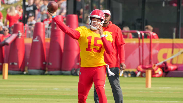 Jul 26, 2024; Kansas City, MO, USA; Kansas City Chiefs quarterback Patrick Mahomes (15) throws a pass during training camp at Missouri Western State University. Mandatory Credit: Denny Medley-USA TODAY Sports