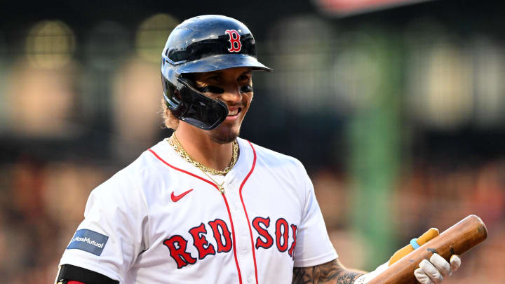 Jun 25, 2024; Boston, Massachusetts, USA; Boston Red Sox left fielder Jarren Duran (16) walks up to the plate during the first inning of a game against the Toronto Blue Jays at Fenway Park.