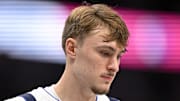 Dallas Mavericks forward Cooper Flagg looks on during the first quarter against the Indiana Pacers.