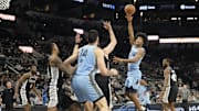Dec 2, 2025; San Antonio, Texas, USA; Memphis Grizzlies guard Jaylen Wells (0) passes the ball during the second half against the San Antonio Spurs at Frost Bank Center. Mandatory Credit: Scott Wachter-Imagn Images