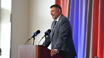 Jan 13, 2025; Foxborough, MA, USA; Mike Vrabel addresses media at a press conference to announce his hiring as the New England Patriots head coach at Gillette Stadium. Mandatory Credit: Eric Canha-Imagn Images