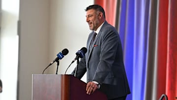 Jan 13, 2025; Foxborough, MA, USA; Mike Vrabel addresses media at a press conference to announce his hiring as the New England Patriots head coach at Gillette Stadium. Mandatory Credit: Eric Canha-Imagn Images