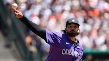 May 4, 2025; San Francisco, California, USA; Colorado Rockies starting pitcher German Marquez (48) throws a pitch against the San Francisco Giants during the first inning at Oracle Park. Mandatory Credit: Robert Edwards-Imagn Images