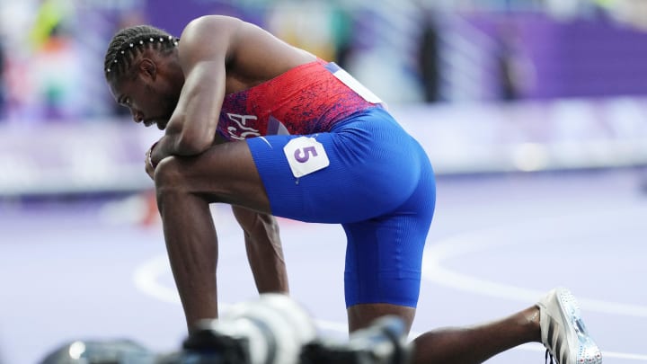 Aug 8, 2024; Saint-Denis, FRANCE; Noah Lyles (USA) reacts after running in the men's 200m final during the Paris 2024 Olympic Summer Games at Stade de France.