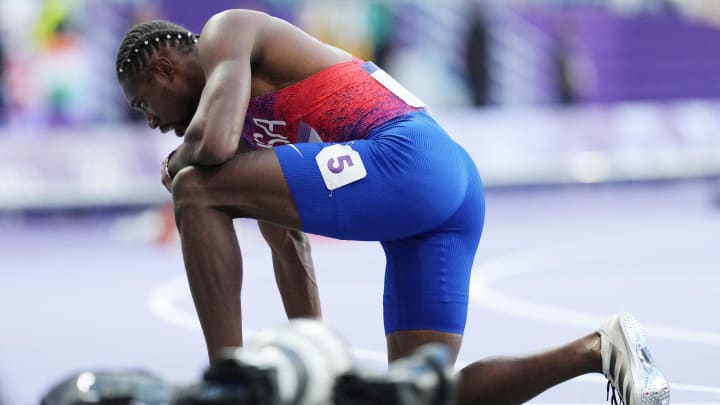 Noah Lyles (USA) reacts after running in the men's 200m final during the Paris 2024 Olympic Summer Games at Stade de France