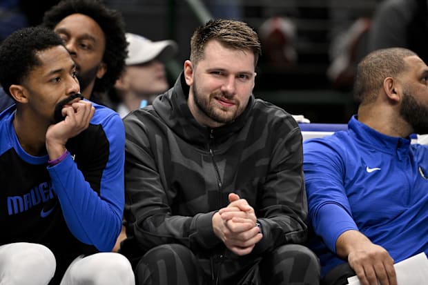 Jan 27, 2025; Dallas, Texas, USA; Dallas Mavericks guard Luka Doncic looks on from the team bench vs. Washington Wizards.