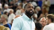 Aug 6, 2024; Paris, France; Dwyane Wade looks on at halftime between France and Canada in a men’s basketball quarterfinal game during the Paris 2024 Olympic Summer Games at Accor Arena. Mandatory Credit: Kyle Terada-Imagn Images