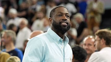 Aug 6, 2024; Paris, France; Dwyane Wade looks on at halftime between France and Canada in a men’s basketball quarterfinal game during the Paris 2024 Olympic Summer Games at Accor Arena. Mandatory Credit: Kyle Terada-Imagn Images