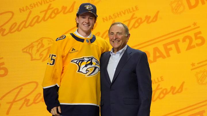 Jun 27, 2025; Los Angeles, California, USA; Cameron Reid is selected as the 21st overall pick to the Nashville Predators in the first round of the 2025 NHL Draft at Peacock Theater. Mandatory Credit: Kirby Lee-Imagn Images Jun 27, 2025; Los Angeles, California, USA; Cameron Reid is selected as the 21st overall pick to the Nashville Predators in the first round of the 2025 NHL Draft at Peacock Theater. Mandatory Credit: Kirby Lee-Imagn Images