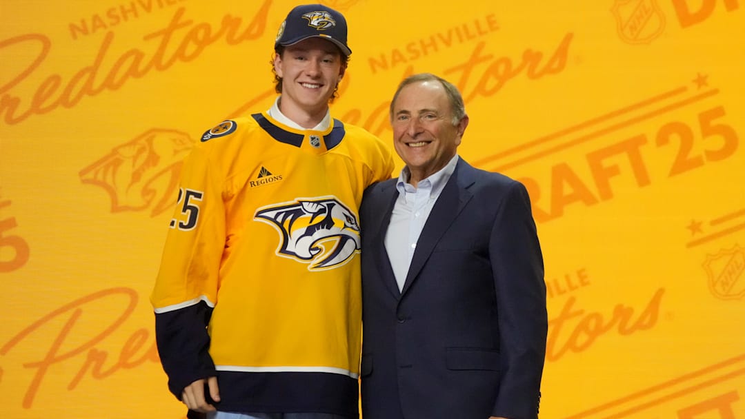Jun 27, 2025; Los Angeles, California, USA; Cameron Reid is selected as the 21st overall pick to the Nashville Predators in the first round of the 2025 NHL Draft at Peacock Theater. Mandatory Credit: Kirby Lee-Imagn Images
