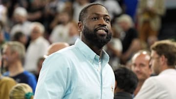 Aug 6, 2024; Paris, France; Dwyane Wade looks on at halftime between France and Canada in a men’s basketball quarterfinal game during the Paris 2024 Olympic Summer Games at Accor Arena. Mandatory Credit: Kyle Terada-Imagn Images