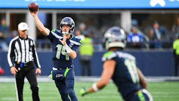 Nov 9, 2025; Seattle, Washington, USA; Seattle Seahawks quarterback Sam Darnold (14) throws a pass during the fourth quarter against the Arizona Cardinals at Lumen Field.
