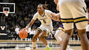 Nov 3, 2025; Nashville, Tennessee, USA;  Vanderbilt Commodores guard Tyler Harris (8) drives to the basket against the Lipscomb Bisons during the first half at Memorial Gymnasium. Mandatory Credit: Steve Roberts-Imagn Images