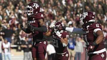 Nov 15, 2025; College Station, Texas, USA; Texas A&M Aggies cornerback Will Lee III (4) reacts after making a play during the fourth quarter against the South Carolina Gamecocks at Kyle Field.