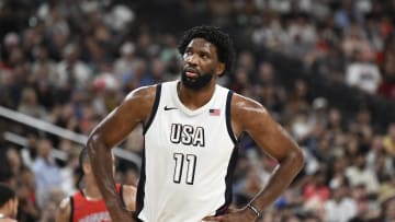 Jul 10, 2024; Las Vegas, Nevada, USA; USA forward Joel Embiid (11) looks on during the third quarter against Canada in the USA Basketball Showcase at T-Mobile Arena. Mandatory Credit: Candice Ward-USA TODAY Sports