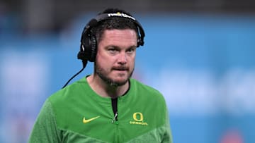 Dec 28, 2022; San Diego, CA, USA; Oregon Ducks head coach Dan Lanning looks on from the sideline during the second half against the North Carolina Tar Heels of the 2022 Holiday Bowl at Petco Park. Mandatory Credit: Orlando Ramirez-Imagn Images