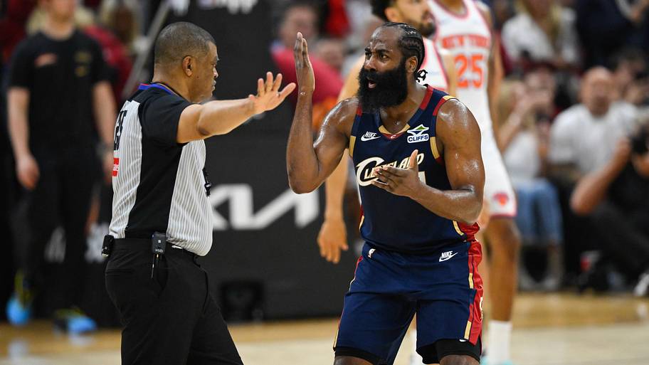 Cavaliers guard James Harden argues a call against the Knicks.