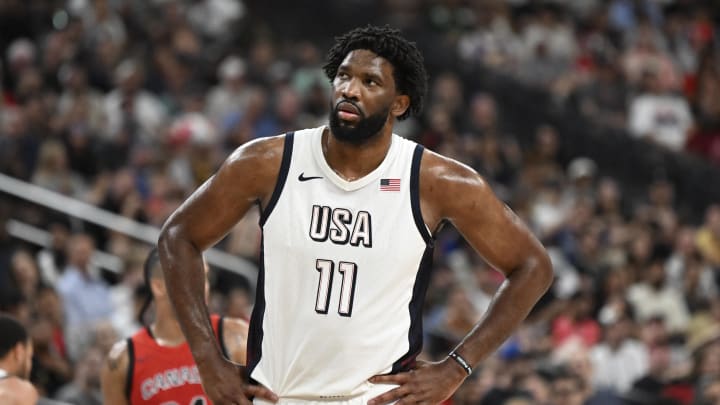 Jul 10, 2024; Las Vegas, Nevada, USA; USA center Joel Embiid (11) looks on during the third quarter against Canada in the USA Basketball Showcase at T-Mobile Arena. 