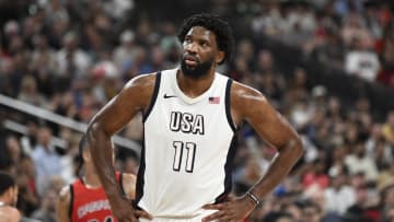 Jul 10, 2024; Las Vegas, Nevada, USA; USA forward Joel Embiid (11) looks on during the third quarter against Canada in the USA Basketball Showcase at T-Mobile Arena. Mandatory Credit: Candice Ward-USA TODAY Sports