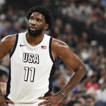 Jul 10, 2024; Las Vegas, Nevada, USA; USA forward Joel Embiid (11) looks on during the third quarter against Canada in the USA Basketball Showcase at T-Mobile Arena. Mandatory Credit: Candice Ward-USA TODAY Sports