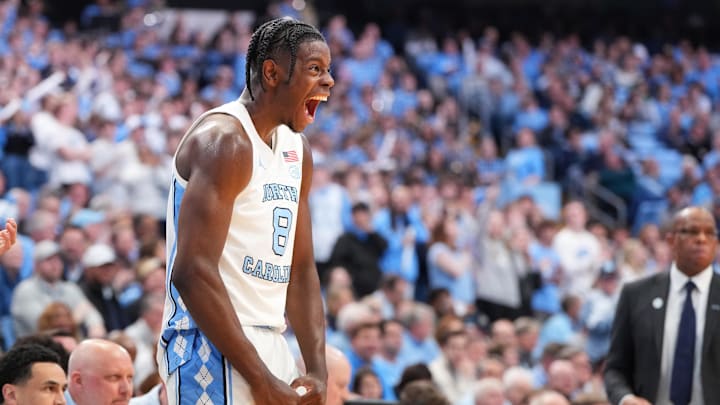 Jan 21, 2026; Chapel Hill, North Carolina, USA; North Carolina Tar Heels forward Caleb Wilson (8) reacts in the second half at Dean E. Smith Center. Mandatory Credit: Bob Donnan-Imagn Images