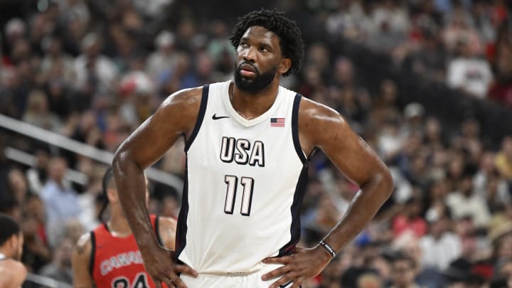 Jul 10, 2024; Las Vegas, Nevada, USA; USA forward Joel Embiid (11) looks on during the third quarter against Canada in the USA Basketball Showcase at T-Mobile Arena. Mandatory Credit: Candice Ward-USA TODAY Sports